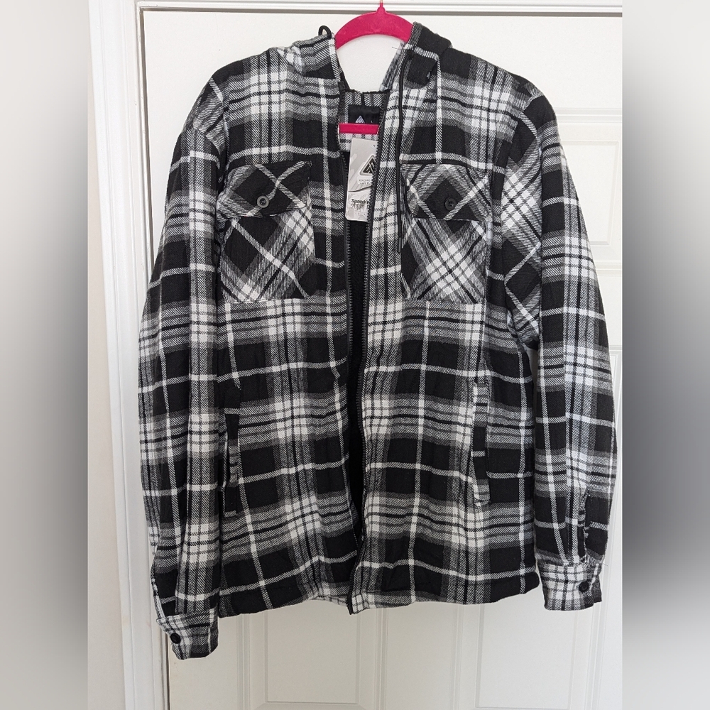 Plaid Hooded Jacket - Black and White/ Size Large/ Nwt - Picture 2 of 8